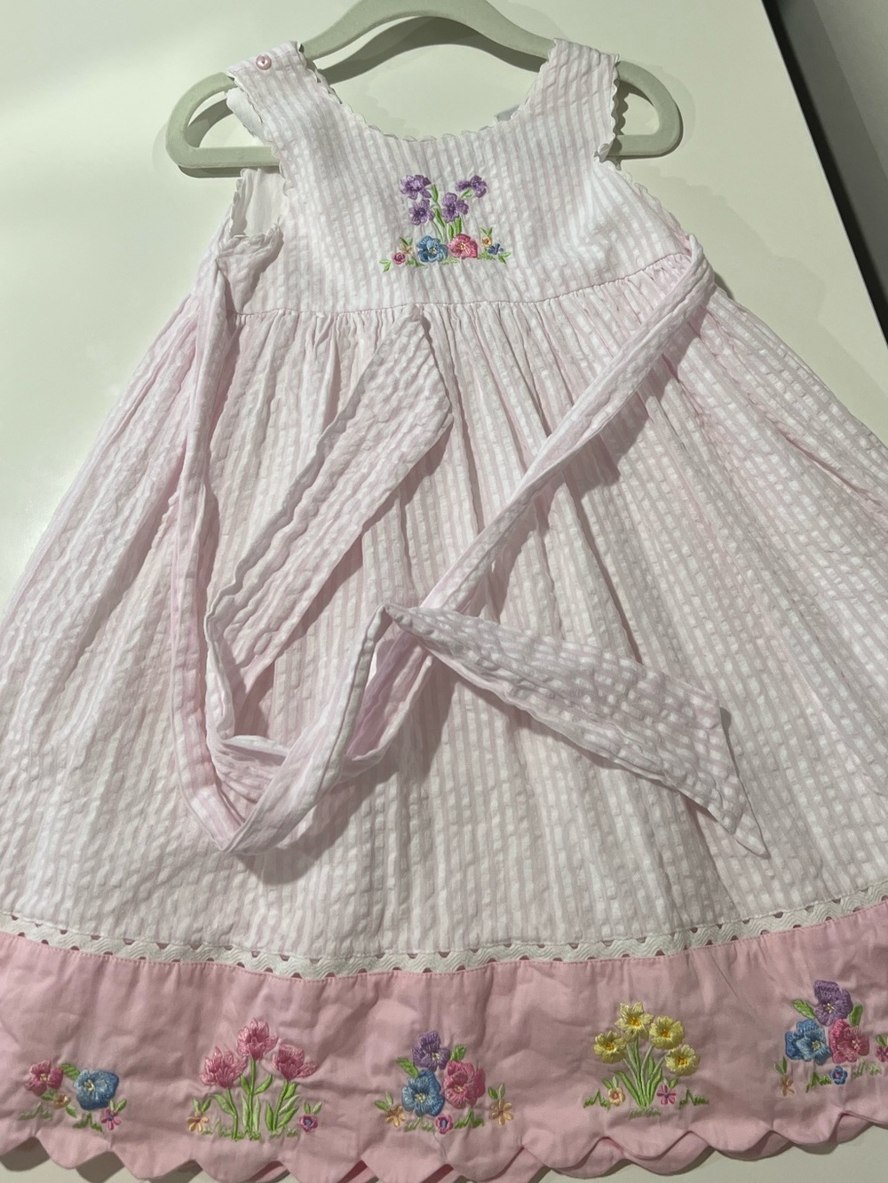 Girls Pink Seersucker Embroidered Floral Dress with Ties